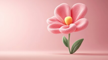 Obraz premium A vibrant pink flower with soft, textured petals and a yellow center, set against a delicate pink backdrop.
