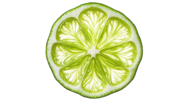 A symmetrical lime slice with sharp, precise cuts forming a geometric star on a transparent background