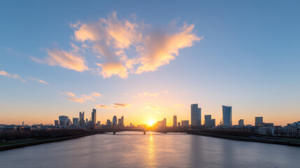 Obraz premium stunning city skyline at sunset, showcasing vibrant colors reflecting on water