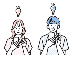 シンプル　イラスト　スマホを見て何かひらめいた若い男性と女性 人物