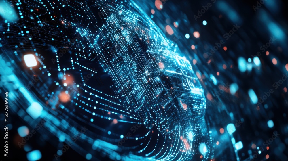 Poster a dynamic visualization of abstract digital data flows, featuring glowing lines and particles, repre