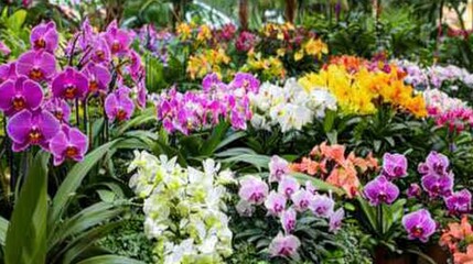 Vibrant orchid display in a greenhouse