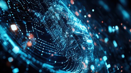 A dynamic visualization of abstract digital data flows, featuring glowing lines and particles, representing technology and information networks.