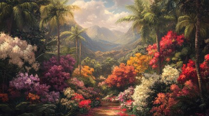 Lush Tropical Valley Path with Colorful Flowers