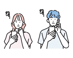 シンプル　イラスト　スマホを見ながらモヤモヤしている若い男性と女性 人物