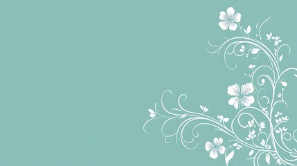 White floral design elements on an aqua colored background are presented