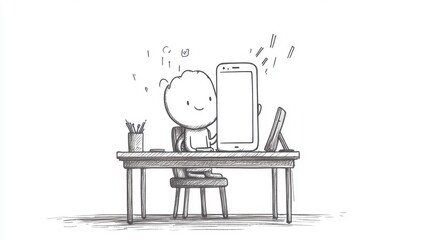 A cartoon character sits at a desk, happily engaging with a smartphone, symbolizing modern communication and technology.