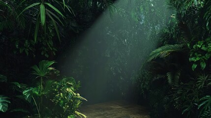 Mysterious Jungle Path Sunbeam Illuminates Lush Rainforest Foliage