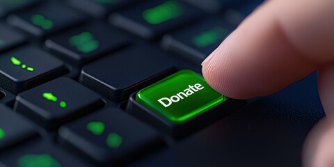 A close-up of a finger pressing a green "Donate" button on a keyboard, symbolizing online giving and charitable support, Corporate Social Responsibility, CSR.