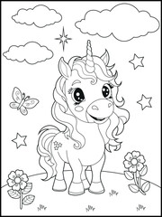 Bold and Easy Printable Unicorn Coloring Page for Kids. Cute, Hand-Drawn, Black and White Coloring Sheet with Cartoon Characters and Simple Doodles