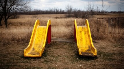 Abandoned Playground Slides in a Field