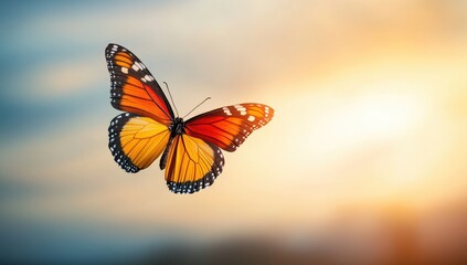 Obraz premium A Monarch butterfly soars in the sunset