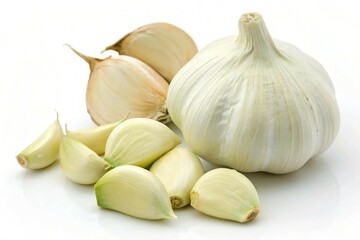 Fresh organic garlic bulb with cloves on a white background