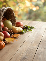Warm autumn vibes. Fruits and Vegetables on rustic wood. Autumn background for Thanksgiving.