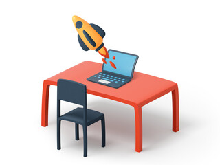 Fototapeta premium Yellow rocket launching from laptop screen