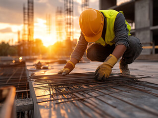 Hardworking builder in protective gear, kneeling on terrain while securing steel reinforcement for a large-scale project. 