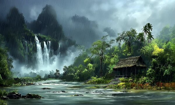 Tropical rain falls on a lush jungle landscape with a waterfall and hut