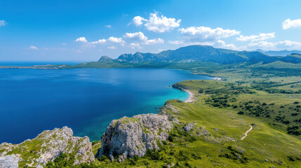 Obraz premium Breathtaking coastal landscape with mountains, clear blue water, and lush greenery
