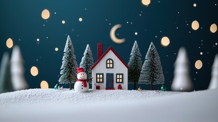 Fototapeta premium Cozy Winter Scene with Snowman and Christmas House at Night