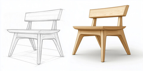 Skizze moderner Holzm&ouml;bel das als realistische Objekt gleicherma&szlig;en dargestellt wird. Konzepdesign M&ouml;beldesign