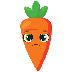 Sad carrot character with expressive eyes and green top, ideal for emotional food illustrations, kids content, and educational vegetable visuals