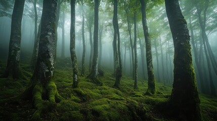 Obraz premium Misty forest, ancient trees, green moss. Ideal for fantasy art, game backgrounds, and nature documentaries. Perfect for creating a mystical and enchanting atmosphere.