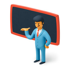 Man in suit standing in front of blackboard