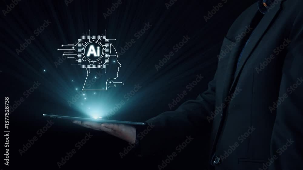 Poster human interact with ai artificial intelligence brain processor in concept of ai artificial intellige