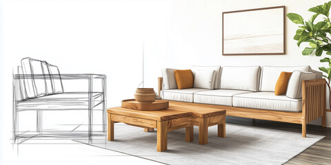 Skizze moderner Holzmöbel das als realistische Objekt gleichermaßen dargestellt wird. Konzepdesign Möbeldesign