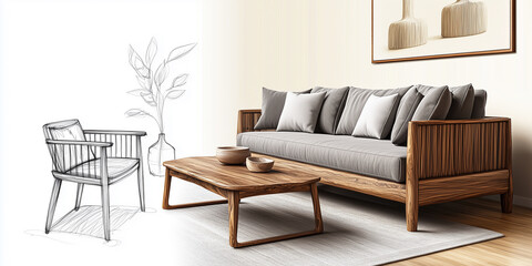 Skizze moderner Holzmöbel das als realistische Objekt gleichermaßen dargestellt wird. Konzepdesign Möbeldesign