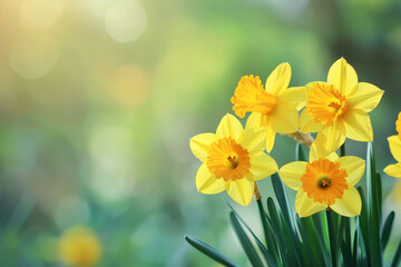 Fototapeta premium Spring Easter background with beautiful yellow daffodils 