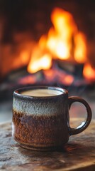 Cozy moments by the fire with a warm cup of coffee. The soothing effect of hot beverages complements the inviting glow of the flames. Perfect for relaxation. Generative AI