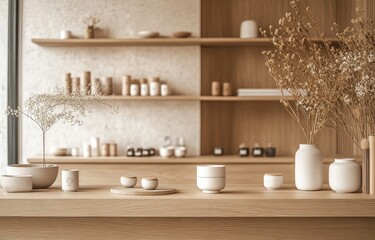 Modern, minimalist retail space featuring wooden shelves, displaying ceramic and natural products.  Soft lighting and neutral color palette