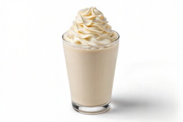 Glass of creamy vanilla milkshake topped with whipped cream isolated on a white background – perfect for dessert menus, beverage branding, food styling, and sweet treat advertisements