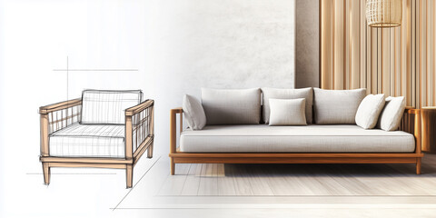 Skizze moderner Holzmöbel das als realistische Objekt gleichermaßen dargestellt wird. Konzepdesign Möbeldesign