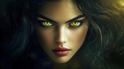 A stunning photorealistic portrait of a woman with hypnotic green eyes that glow with an inner light