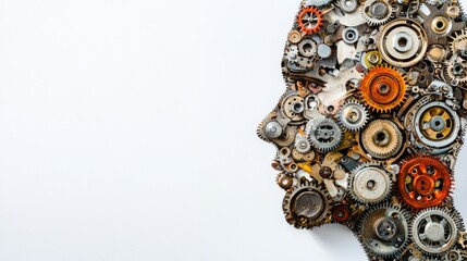 Creative sculpture of a human face composed of various mechanical gears and tools showcasing industrial artistry