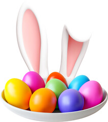 3D colorful easter eggs with bunny ears in plate.