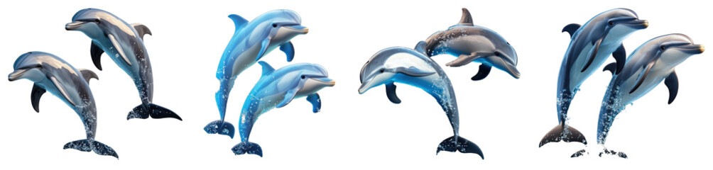A group of dolphins leaping joyfully out of the water, creating splashes with their tails, isolated on a transparent background.