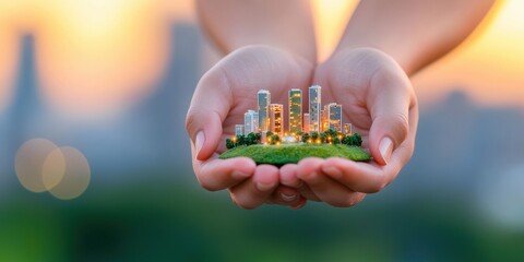A pair of hands gently cradles a miniature cityscape, symbolizing care for urban development and sustainability against a blurred background, Corporate Social Responsibility, CSR.