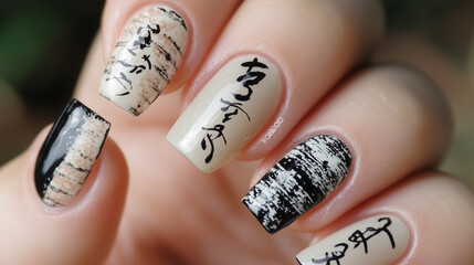 A stunning set of Japanese traditional calligraphy nail designs, with delicate brush strokes and ink patterns carefully painted on each nail