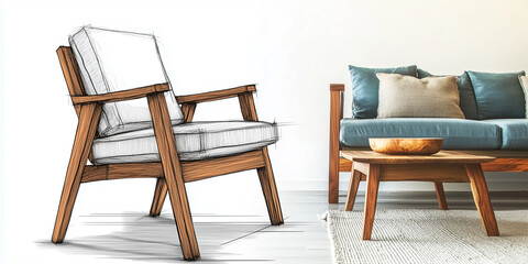 Skizze moderner Holzmöbel das als realistische Objekt gleichermaßen dargestellt wird. Konzepdesign Möbeldesign