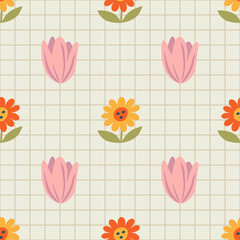 Flowers with Cream Grid Background. Spring Floral Geometric Wallpaper Print, Nature-Inspired Seasonal Texture for Backgrounds