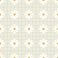 White Daisy Motif with Yellow Centers on Beige Grid. Spring Floral Geometric Wallpaper Print, Nature-Inspired Seasonal Texture for Backgrounds