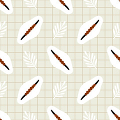 Cowrie Shell and Leaf Motif on Beige Grid. Spring Floral Geometric Wallpaper Print, Nature-Inspired Seasonal Texture for Backgrounds