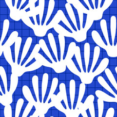 Abstract Seaweed-Like Shapes on Blue Grid. Spring Floral Geometric Wallpaper Print, Nature-Inspired Seasonal Texture for Backgrounds