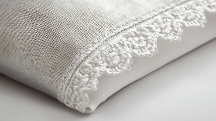 Obraz premium A close up view of a linen pillow with lace trimming