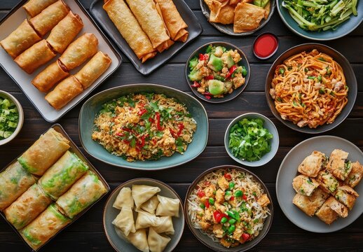 Assorted Asian dishes, including spring rolls, fried rice, dumplings, and noodles.  A variety of colorful and flavorful options are showcased on a dark wooden surface