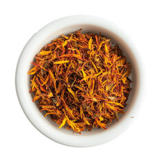 Fototapeta premium Dried safflower petals displayed in a transparent bowl on a clean transparent background for culinary and decorative uses, dried safflower in transparent bowl on transparent background