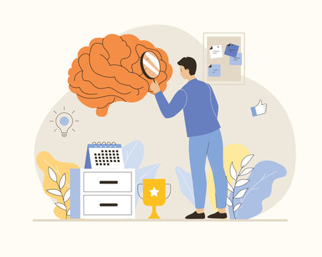 Finding ideas, brainstorming process. Man examines the brain with a magnifier, finding right solutions. Flat vector illustration.